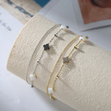 Black shell 14K Gold Plated 925 Sterling Silver Four-leaf Clover Double Anklet