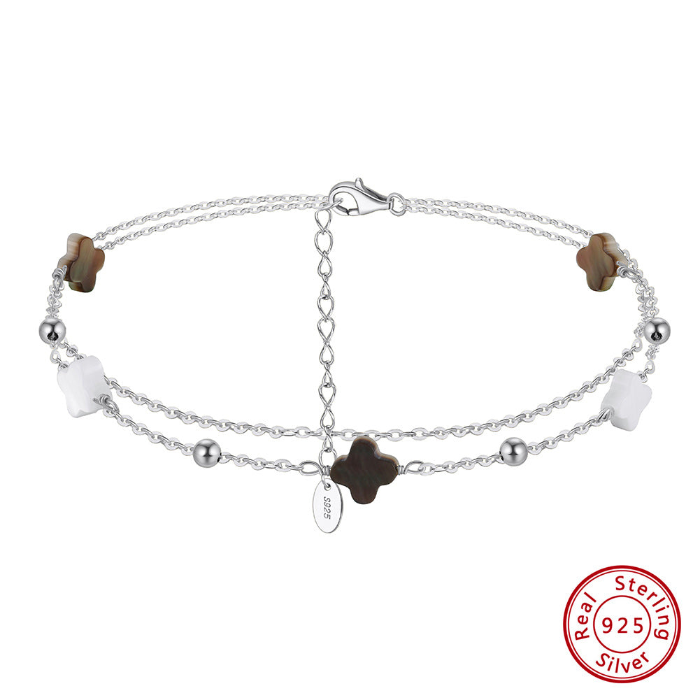 Black shell 14K Gold Plated 925 Sterling Silver Four-leaf Clover Double Anklet