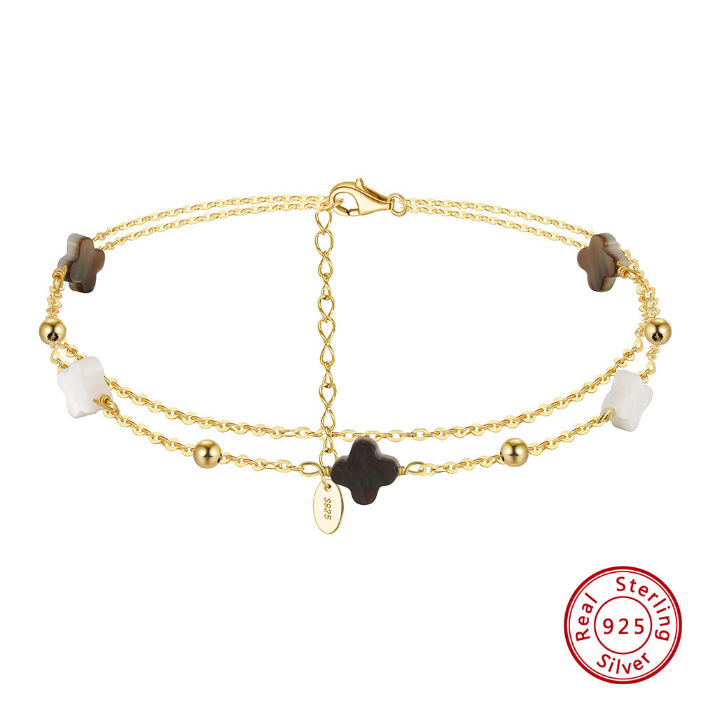 Black shell 14K Gold Plated 925 Sterling Silver Four-leaf Clover Double Anklet