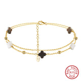 Black shell 14K Gold Plated 925 Sterling Silver Four-leaf Clover Double Anklet