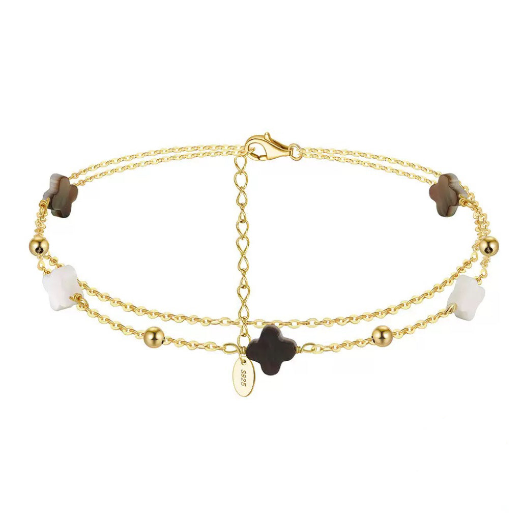 Black shell 14K Gold Plated 925 Sterling Silver Four-leaf Clover Double Anklet