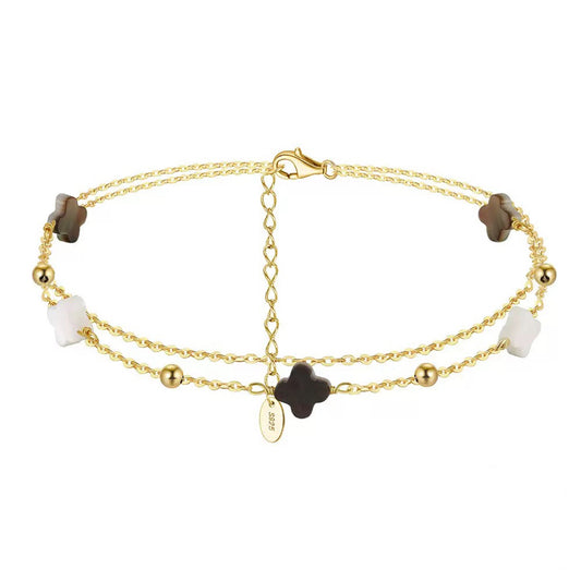 Black shell 14K Gold Plated 925 Sterling Silver Four-leaf Clover Double Anklet
