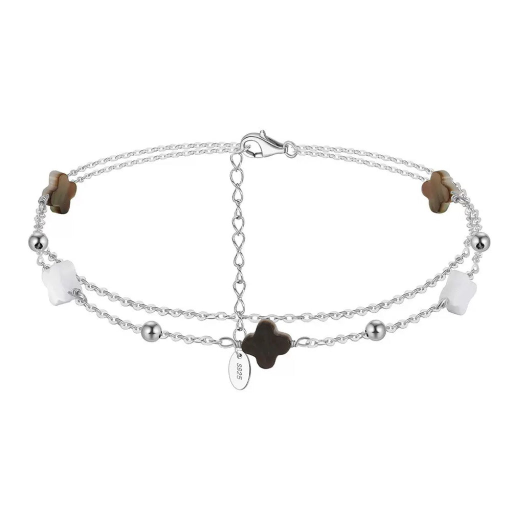 Black shell 14K Gold Plated 925 Sterling Silver Four-leaf Clover Double Anklet