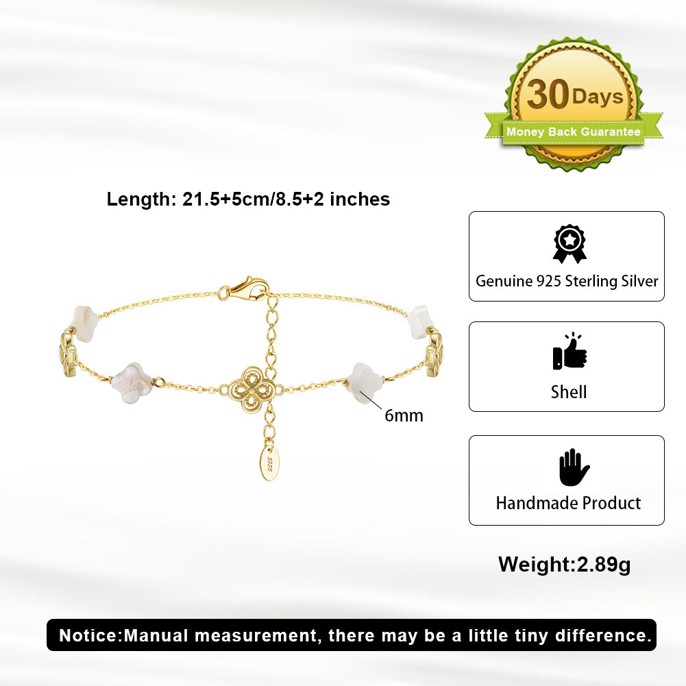 Natural Shell 14K Gold Plated 925 Sterling Silver Four-leaf Clover Anklet