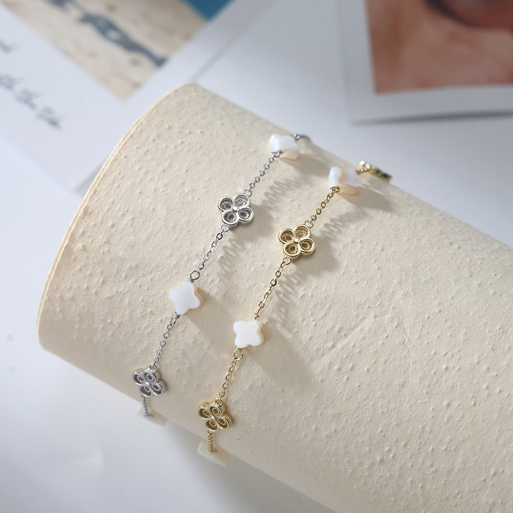 Natural Shell 14K Gold Plated 925 Sterling Silver Four-leaf Clover Anklet