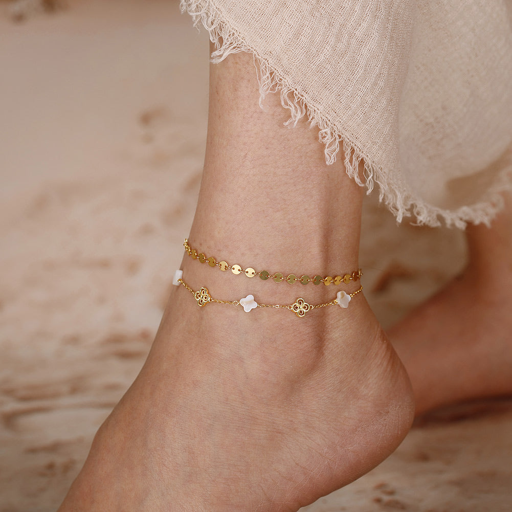 Natural Shell 14K Gold Plated 925 Sterling Silver Four-leaf Clover Anklet