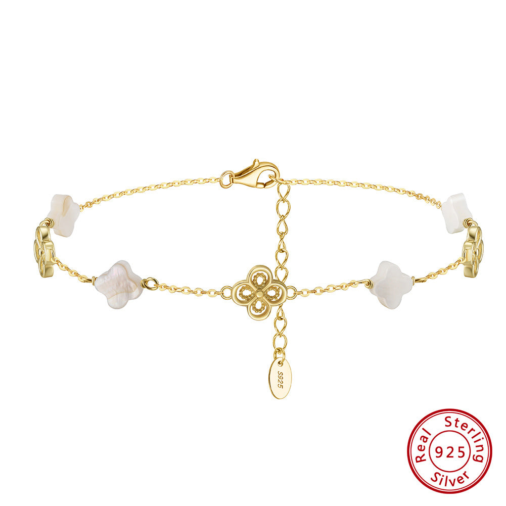 Natural Shell 14K Gold Plated 925 Sterling Silver Four-leaf Clover Anklet