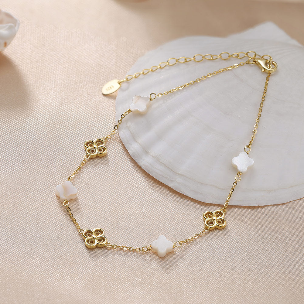 Natural Shell 14K Gold Plated 925 Sterling Silver Four-leaf Clover Anklet