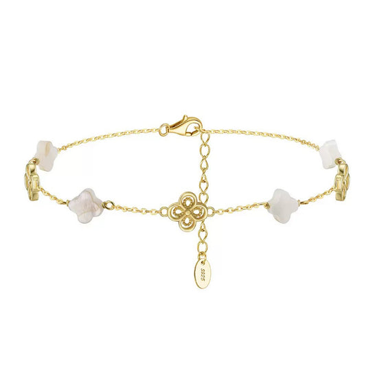 Natural Shell 14K Gold Plated 925 Sterling Silver Four-leaf Clover Anklet