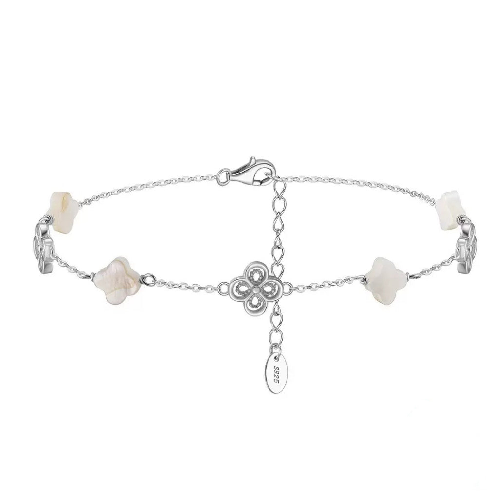 Natural Shell 14K Gold Plated 925 Sterling Silver Four-leaf Clover Anklet