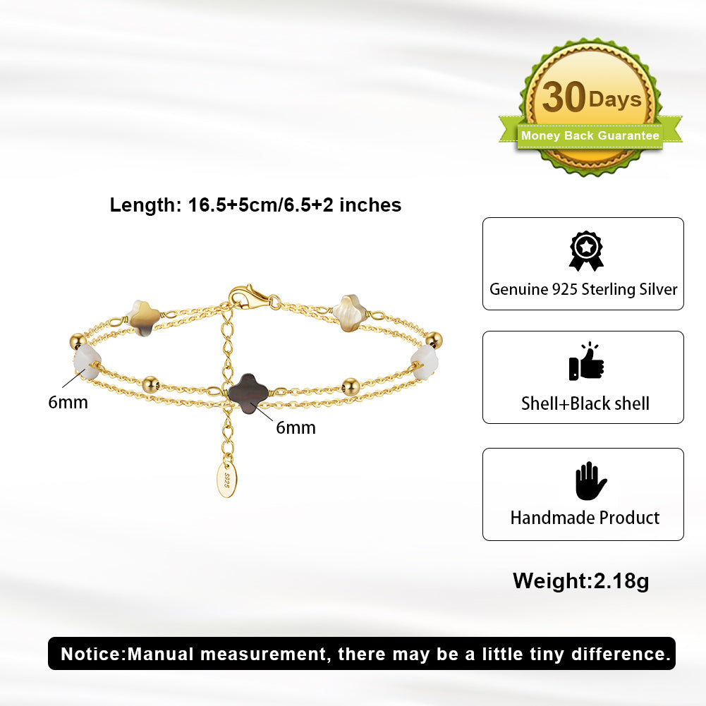 Black shell 14K Gold Plated 925 Sterling Silver Four-leaf Clover Double Bracelet
