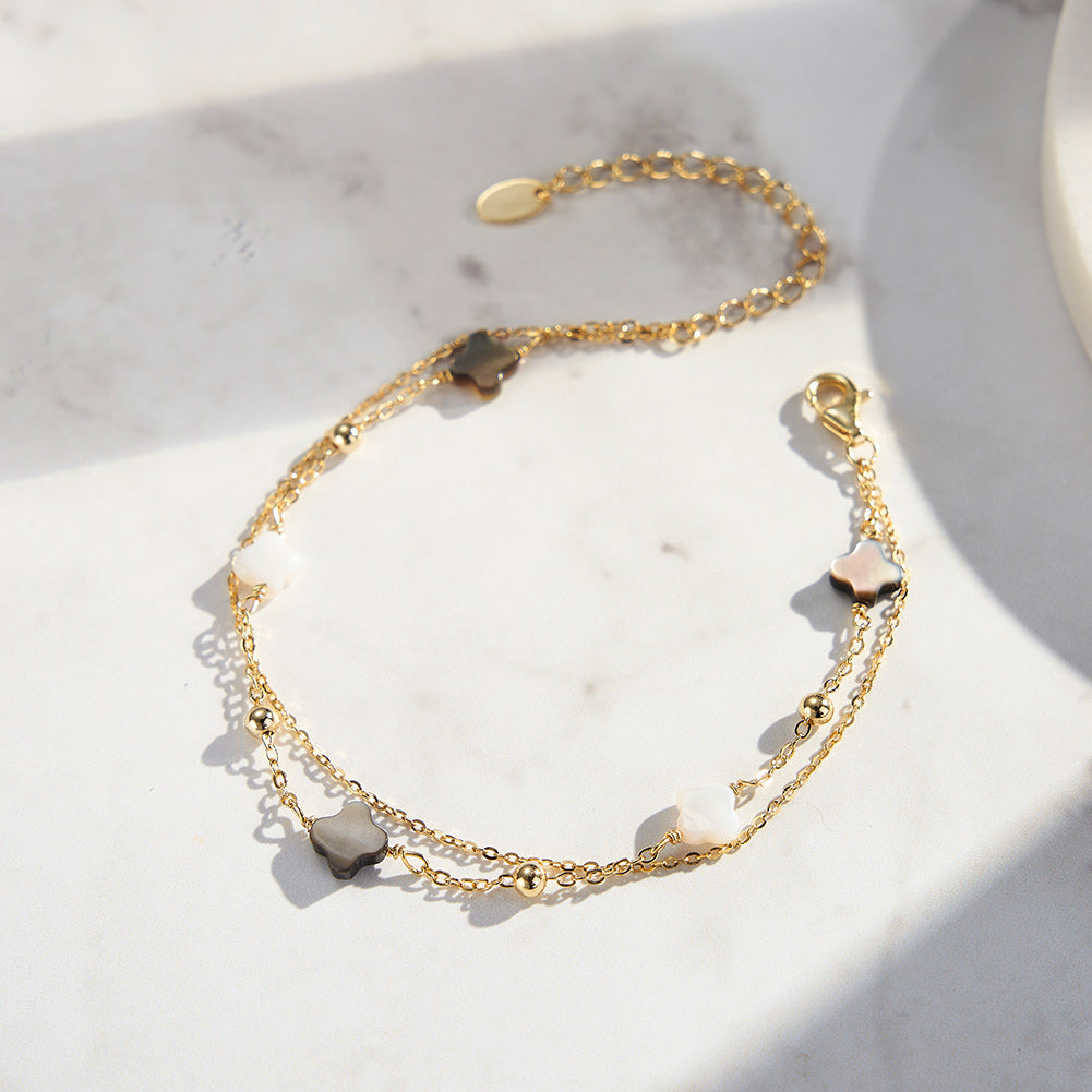 Black shell 14K Gold Plated 925 Sterling Silver Four-leaf Clover Double Bracelet