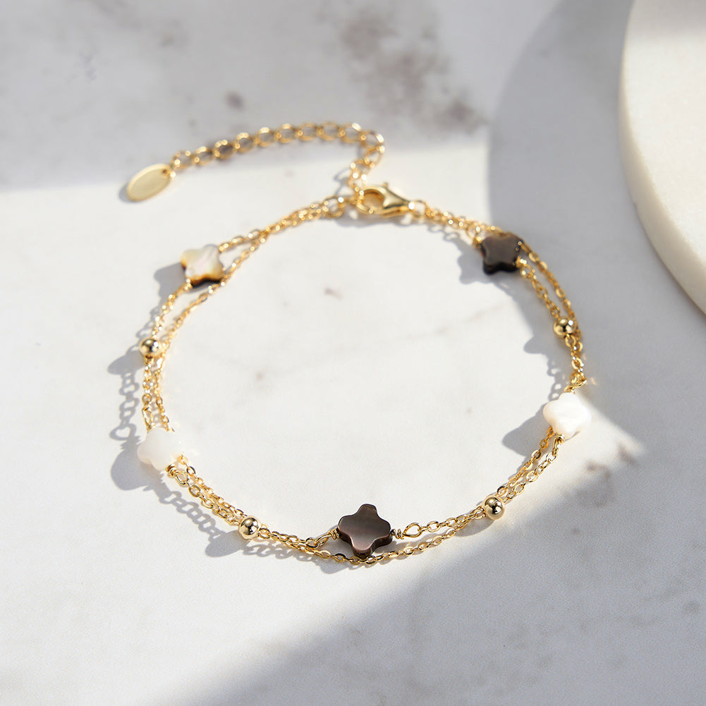 Black shell 14K Gold Plated 925 Sterling Silver Four-leaf Clover Double Bracelet