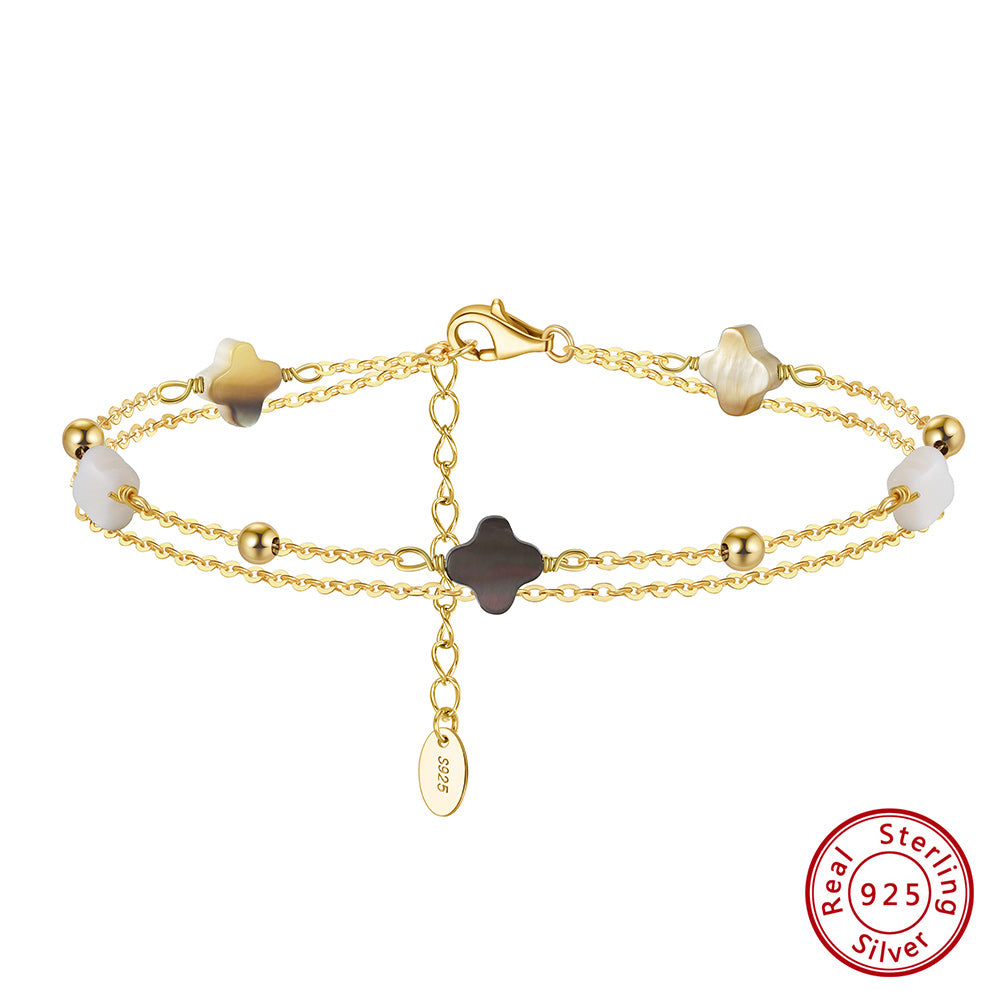 Black shell 14K Gold Plated 925 Sterling Silver Four-leaf Clover Double Bracelet
