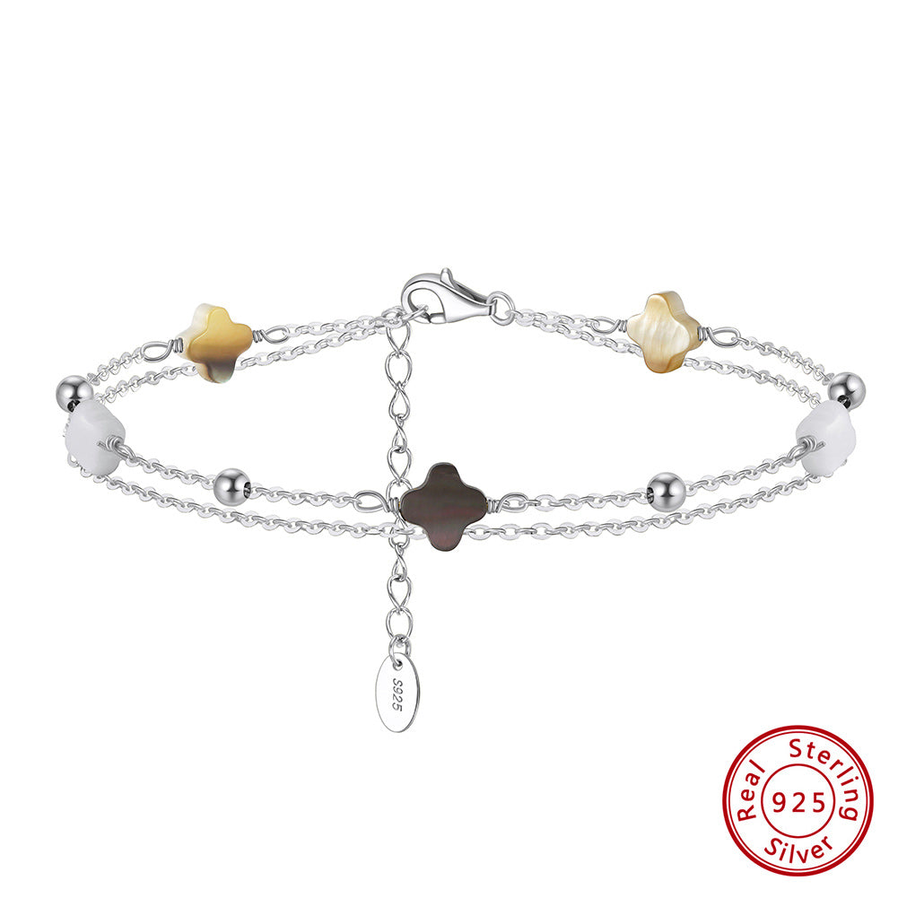 Black shell 14K Gold Plated 925 Sterling Silver Four-leaf Clover Double Bracelet
