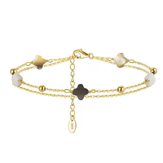 Black shell 14K Gold Plated 925 Sterling Silver Four-leaf Clover Double Bracelet