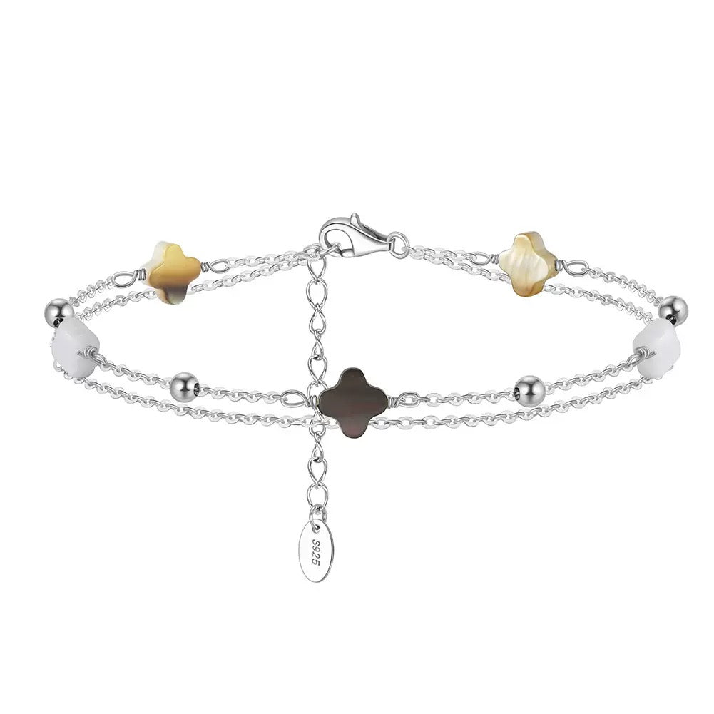 Black shell 14K Gold Plated 925 Sterling Silver Four-leaf Clover Double Bracelet