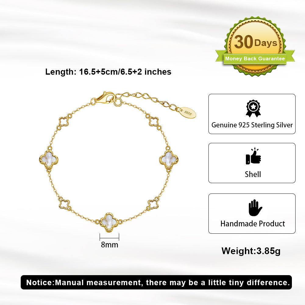 Natural Shell 14K Gold Plated 925 Sterling Silver Four-Leaf Clover Bracelet