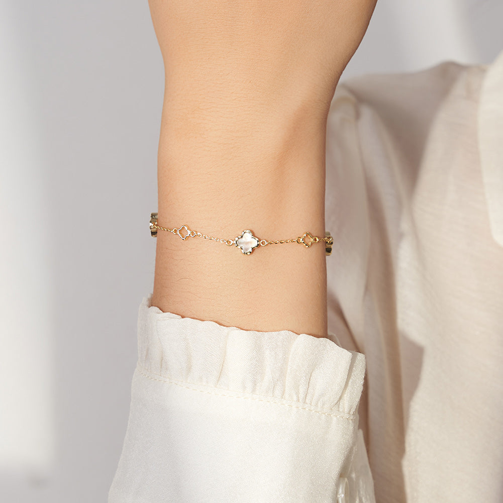 Natural Shell 14K Gold Plated 925 Sterling Silver Four-Leaf Clover Bracelet