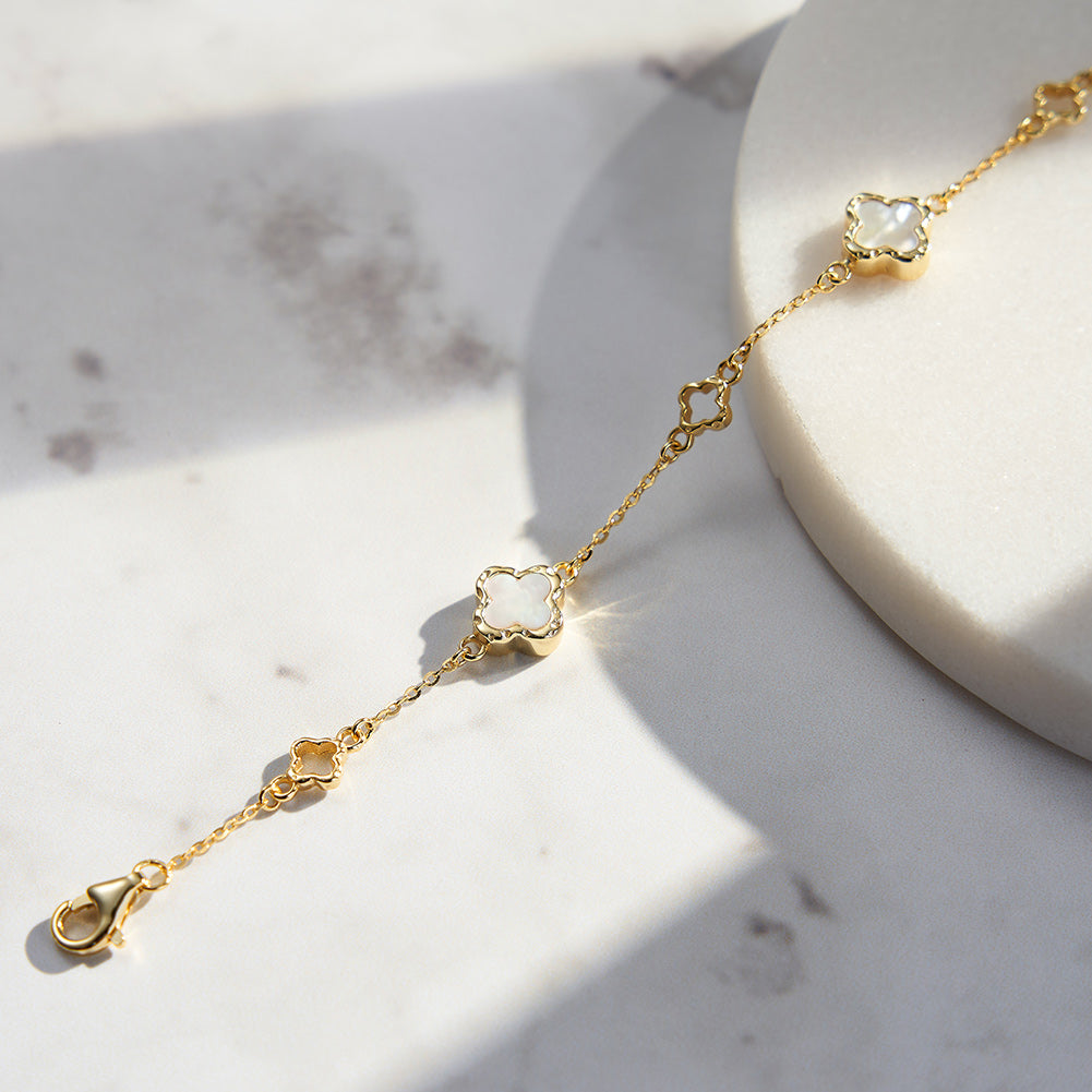 Natural Shell 14K Gold Plated 925 Sterling Silver Four-Leaf Clover Bracelet