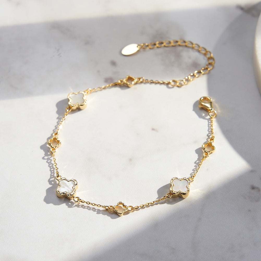 Natural Shell 14K Gold Plated 925 Sterling Silver Four-Leaf Clover Bracelet