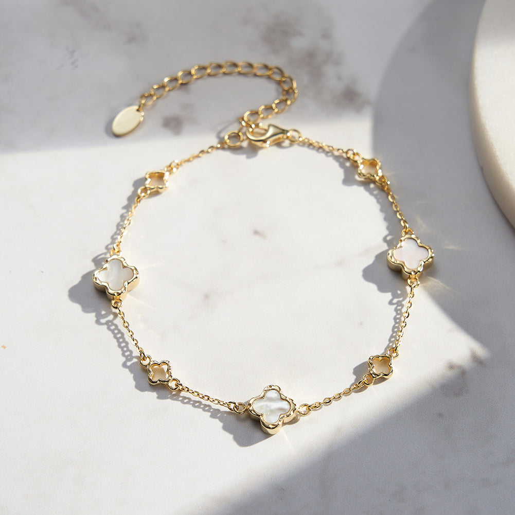 Natural Shell 14K Gold Plated 925 Sterling Silver Four-Leaf Clover Bracelet