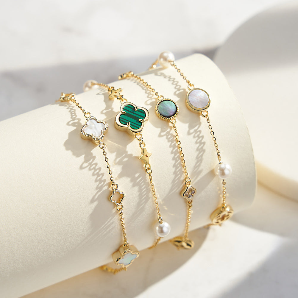 Natural Shell 14K Gold Plated 925 Sterling Silver Four-Leaf Clover Bracelet