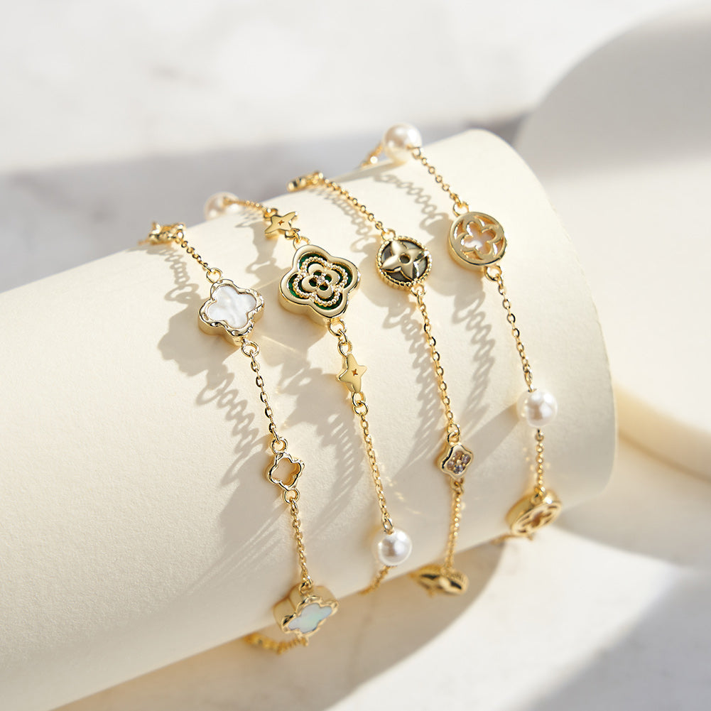 Natural Shell 14K Gold Plated 925 Sterling Silver Four-Leaf Clover Bracelet