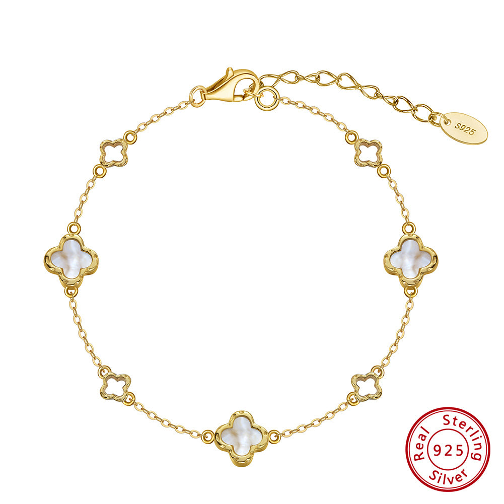 Natural Shell 14K Gold Plated 925 Sterling Silver Four-Leaf Clover Bracelet