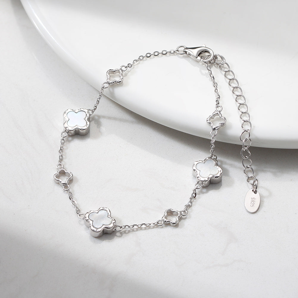 Natural Shell 14K Gold Plated 925 Sterling Silver Four-Leaf Clover Bracelet