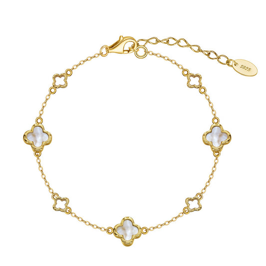 Natural Shell 14K Gold Plated 925 Sterling Silver Four-Leaf Clover Bracelet