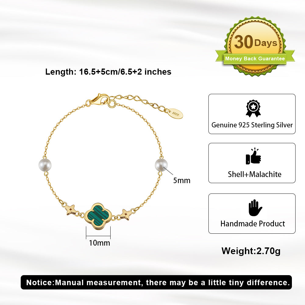 Shell Pearls Malachite 14K Gold Plated 925 Sterling Silver Double Shell Pearl Four-leaf Clover Bracelet
