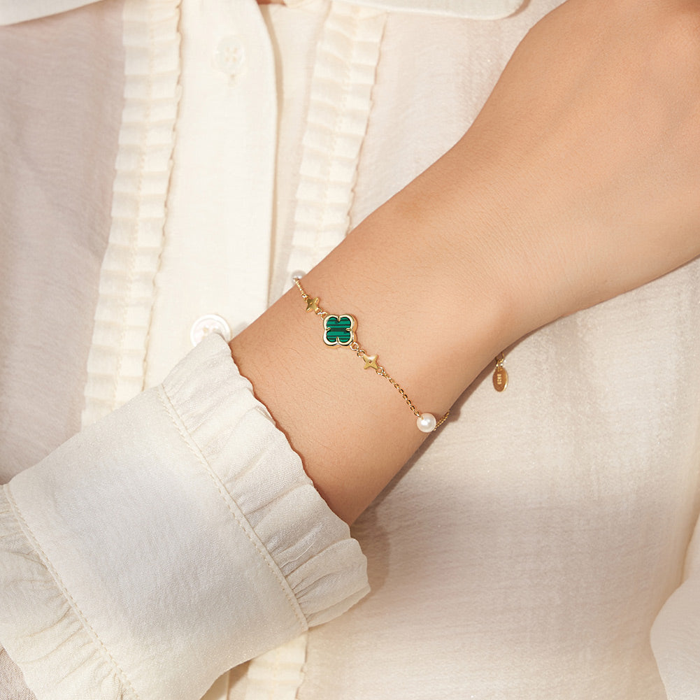 Shell Pearls Malachite 14K Gold Plated 925 Sterling Silver Double Shell Pearl Four-leaf Clover Bracelet
