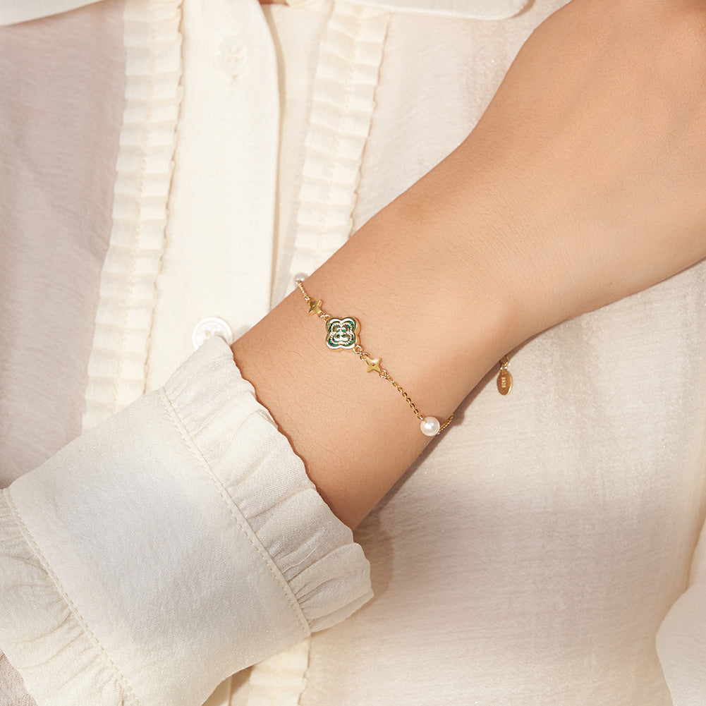 Shell Pearls Malachite 14K Gold Plated 925 Sterling Silver Double Shell Pearl Four-leaf Clover Bracelet