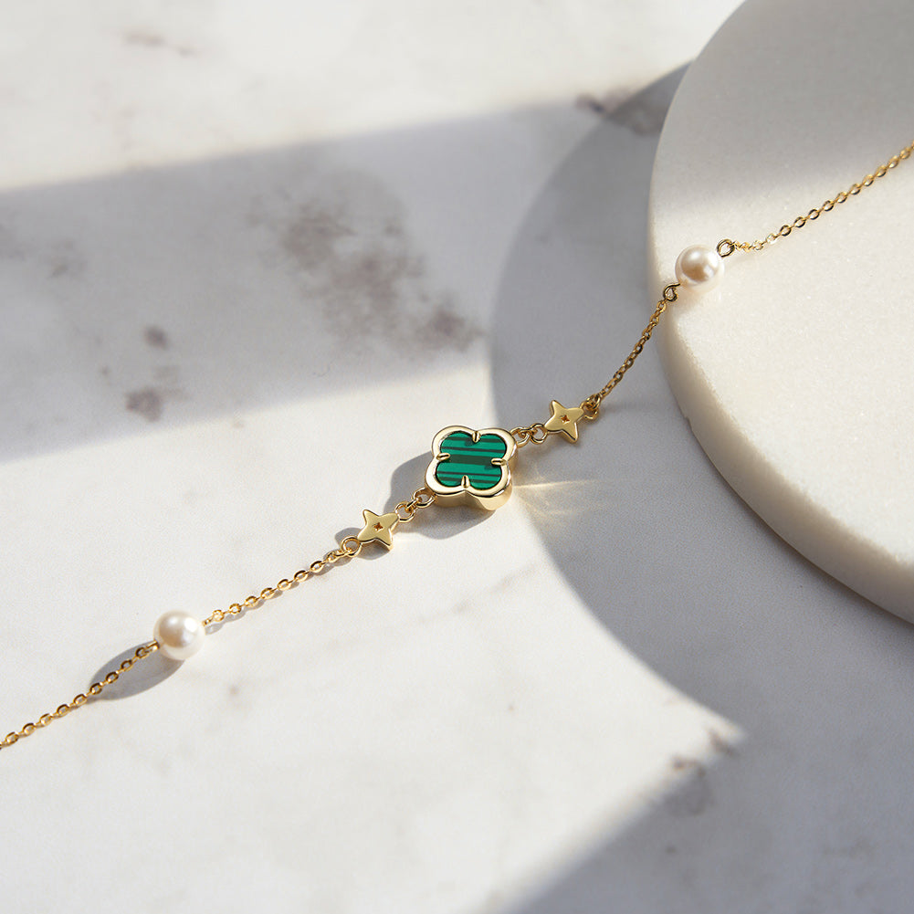 Shell Pearls Malachite 14K Gold Plated 925 Sterling Silver Double Shell Pearl Four-leaf Clover Bracelet