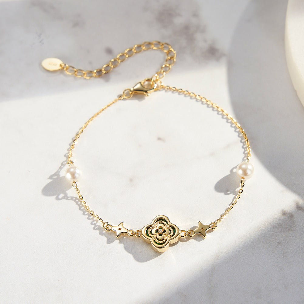 Shell Pearls Malachite 14K Gold Plated 925 Sterling Silver Double Shell Pearl Four-leaf Clover Bracelet