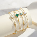 Shell Pearls Malachite 14K Gold Plated 925 Sterling Silver Double Shell Pearl Four-leaf Clover Bracelet