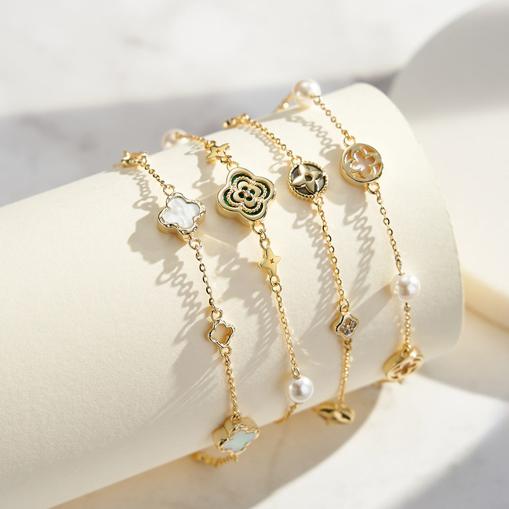 Shell Pearls Malachite 14K Gold Plated 925 Sterling Silver Double Shell Pearl Four-leaf Clover Bracelet
