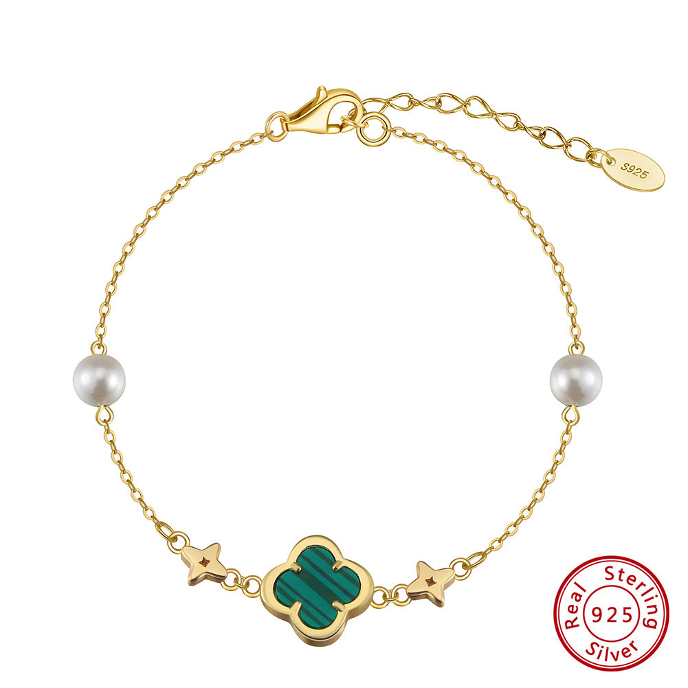 Shell Pearls Malachite 14K Gold Plated 925 Sterling Silver Double Shell Pearl Four-leaf Clover Bracelet