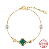 Shell Pearls Malachite 14K Gold Plated 925 Sterling Silver Double Shell Pearl Four-leaf Clover Bracelet