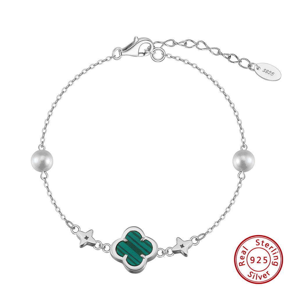 Shell Pearls Malachite 14K Gold Plated 925 Sterling Silver Double Shell Pearl Four-leaf Clover Bracelet