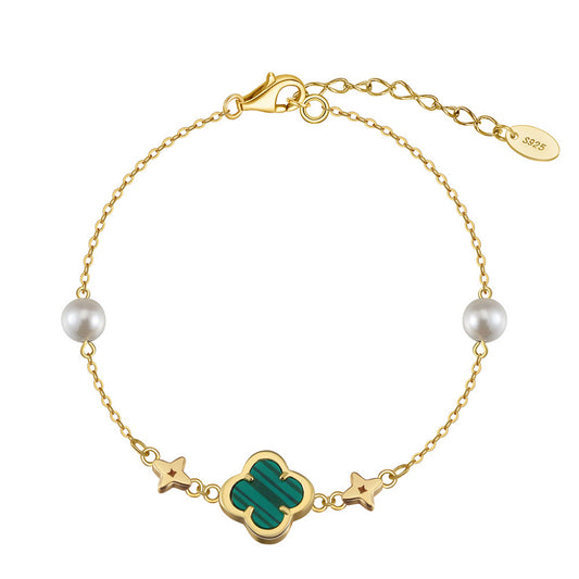 Shell Pearls Malachite 14K Gold Plated 925 Sterling Silver Double Shell Pearl Four-leaf Clover Bracelet