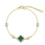 Shell Pearls Malachite 14K Gold Plated 925 Sterling Silver Double Shell Pearl Four-leaf Clover Bracelet