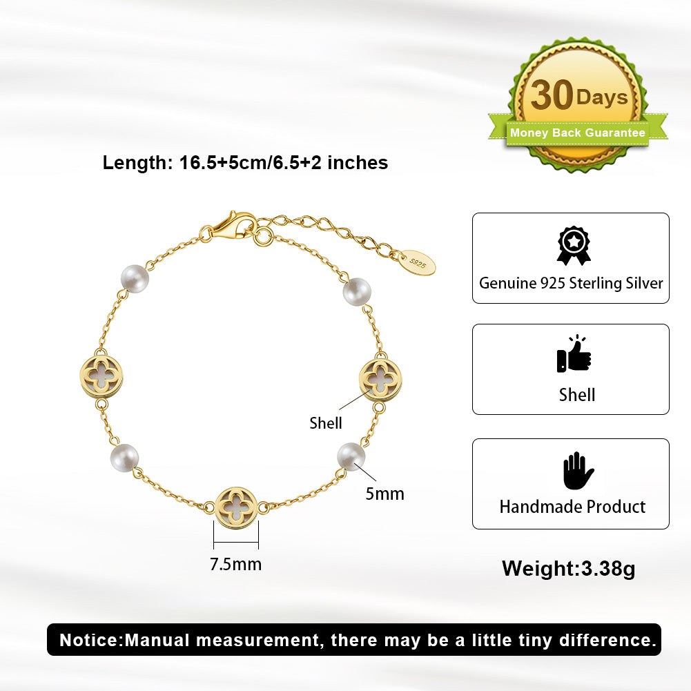 Natural Shell And Shell pearls 14K Gold Plated 925 Sterling Silver Four-leaf Clover Bracelet