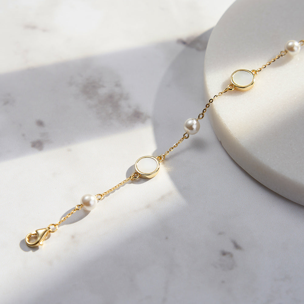 Natural Shell And Shell pearls 14K Gold Plated 925 Sterling Silver Four-leaf Clover Bracelet
