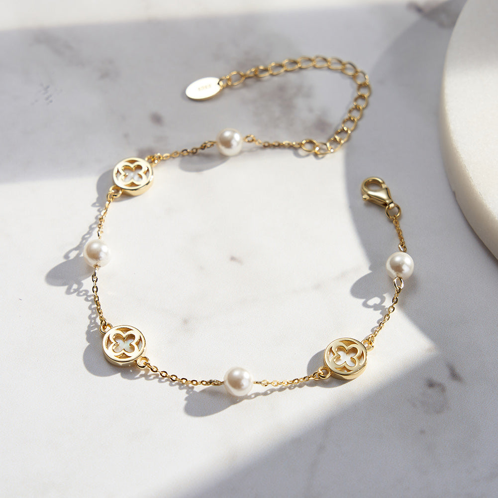 Natural Shell And Shell pearls 14K Gold Plated 925 Sterling Silver Four-leaf Clover Bracelet