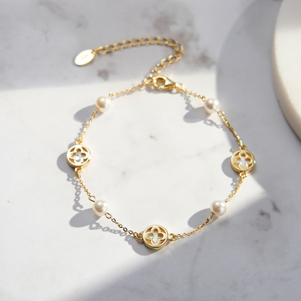 Natural Shell And Shell pearls 14K Gold Plated 925 Sterling Silver Four-leaf Clover Bracelet