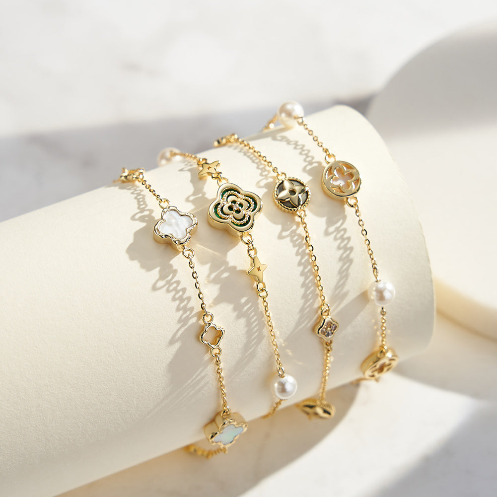 Natural Shell And Shell pearls 14K Gold Plated 925 Sterling Silver Four-leaf Clover Bracelet
