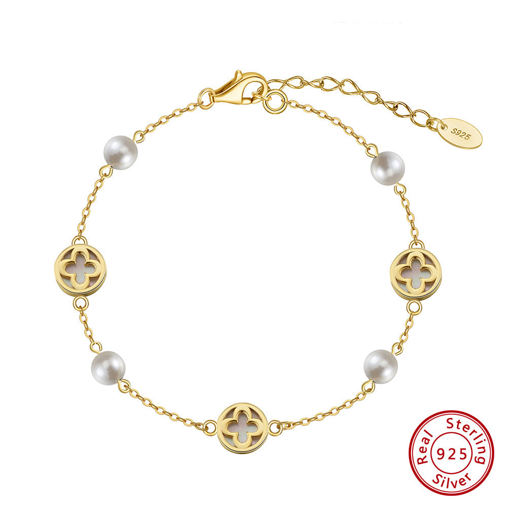 Natural Shell And Shell pearls 14K Gold Plated 925 Sterling Silver Four-leaf Clover Bracelet