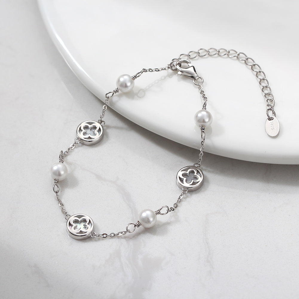 Natural Shell And Shell pearls 14K Gold Plated 925 Sterling Silver Four-leaf Clover Bracelet
